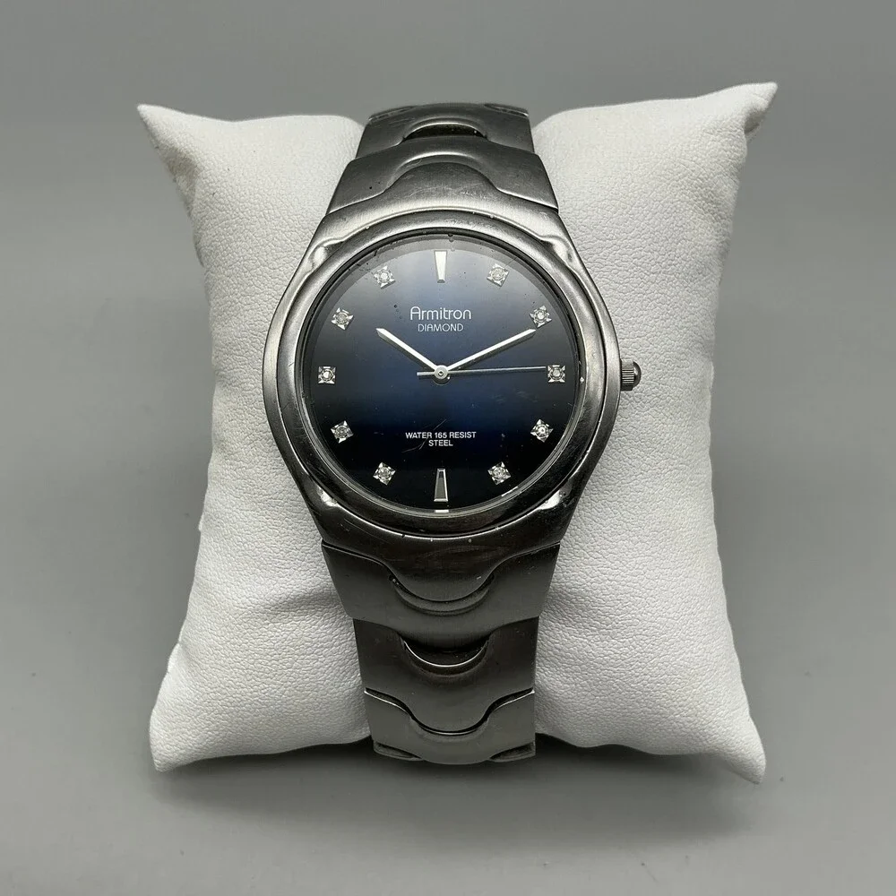 Armitron Diamond Mens Watch 38mm Blue Dial Stainless 50M New Battery 7.75